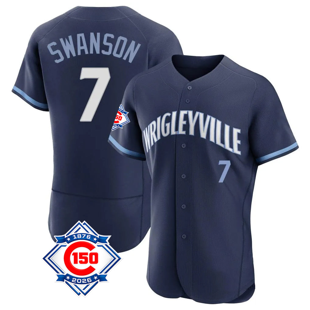 Chicago Cubs #7 Dansby Swanson Player Navy AmberGomez City Connect 150th Anniversary Limited Elite Home Stitched Jerseys