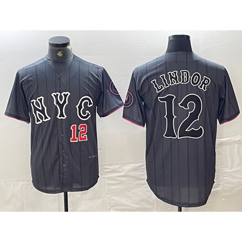 New York Mets #12 Francisco Lindor Number Grey AmberGomez 2024 City Connect Cool Base Stitched Jerseys