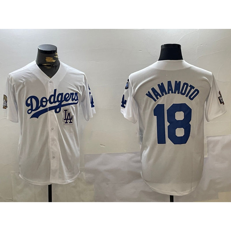 Los Angeles Dodgers #18 Yoshinobu Yamamoto White AmberGomez 2024 World Series With Fernando Memorial Patch Home Limited Stitched Jersey
