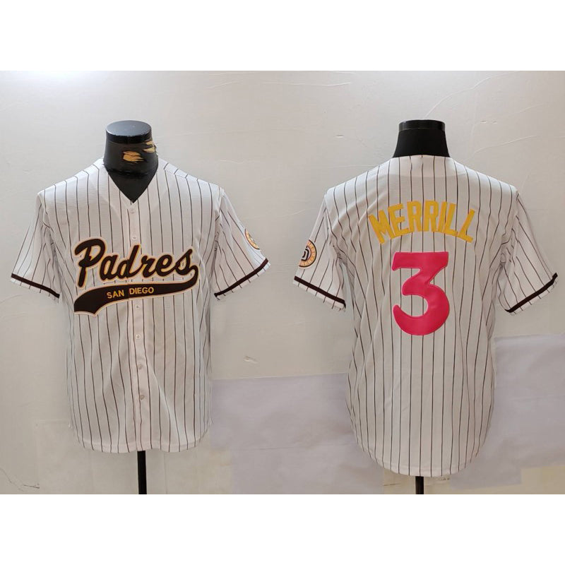 San Diego Padres #3 Jackson Merrill white AmberGomez Cool Base Stitched Jersey 2