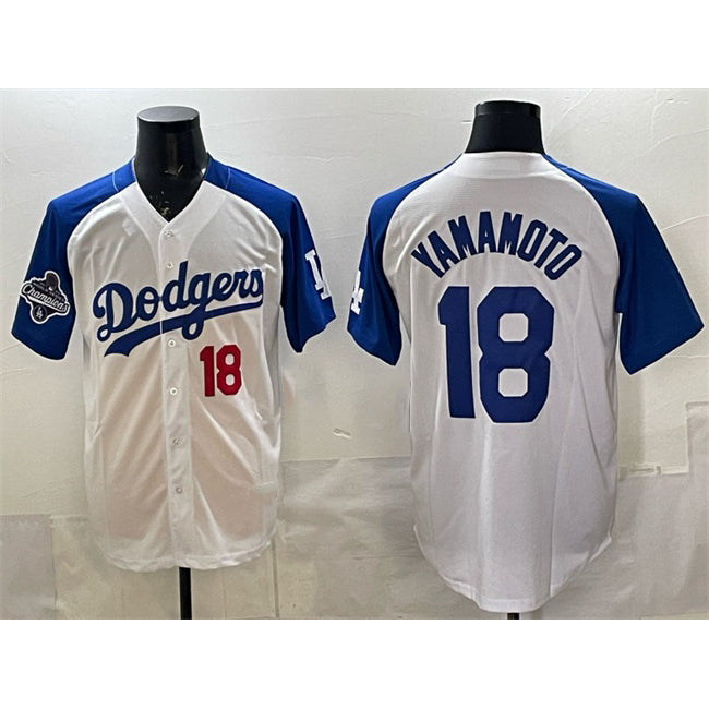 Los Angeles Dodgers #18 Yoshinobu Yamamoto White Royal AmberGomez 2025 World Series Champions Patch Limited Stitched Jersey