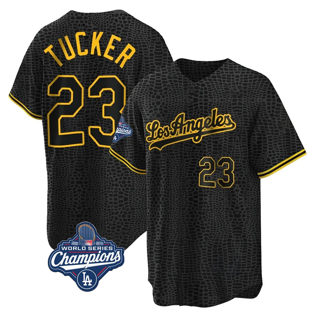 Los Angeles Dodgers #23 Kyle Tucker Player Black Gold AmberGomez World Series Meet Limited Home Stitched Jerseys