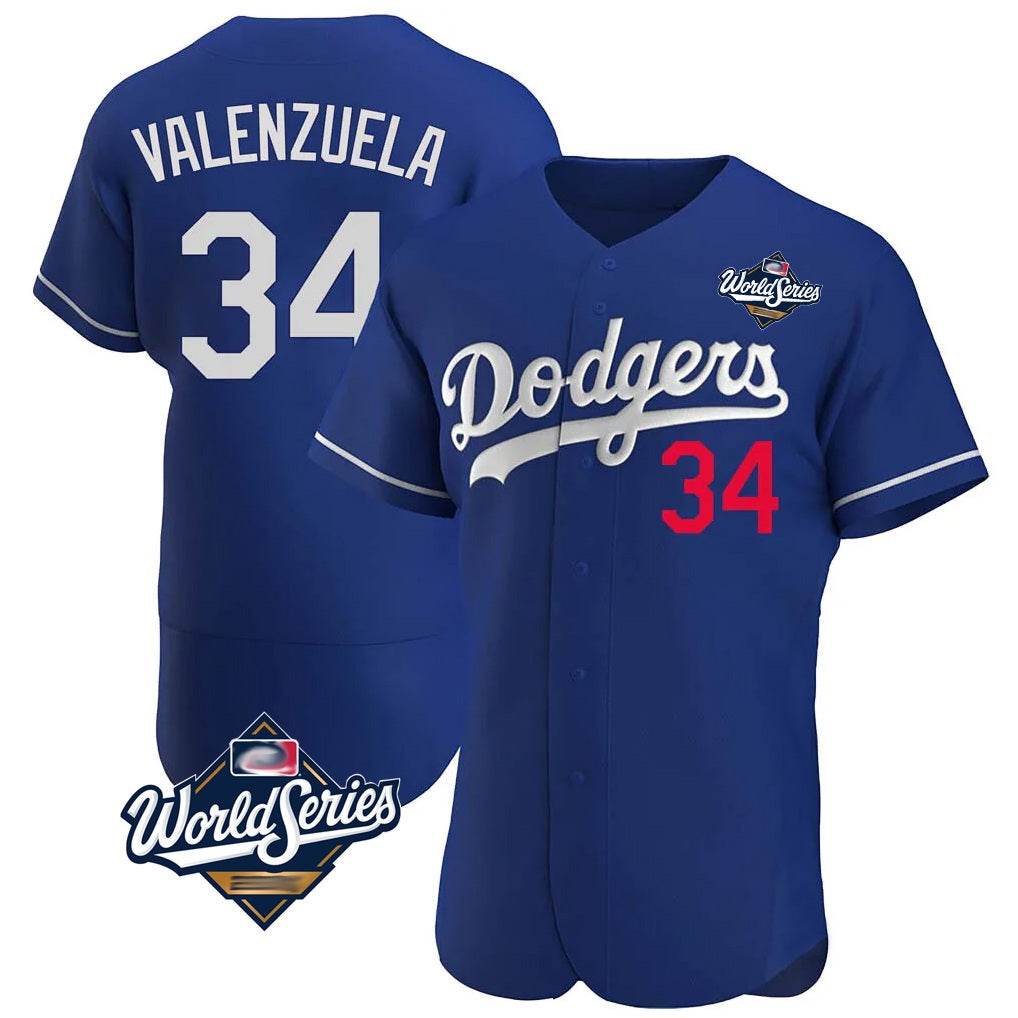 Los Angeles Dodgers #34 Fernando Valenzuela Player Royal AmberGomez World Series Limited Elite Home Stitched Jerseys