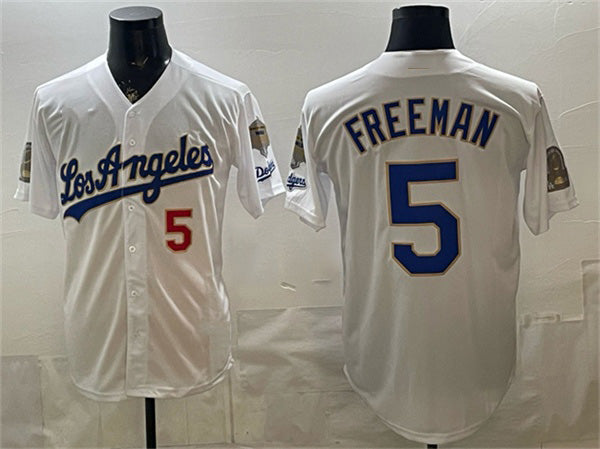 Los Angeles Dodgers #5 Freddie Freeman White AmberGomez 2026 Gold Collection 9x & B2B Champs Patch Stitched Jersey