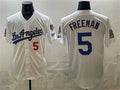 Los Angeles Dodgers #5 Freddie Freeman White AmberGomez 2026 Gold Collection 9x & B2B Champs Patch Stitched Jersey