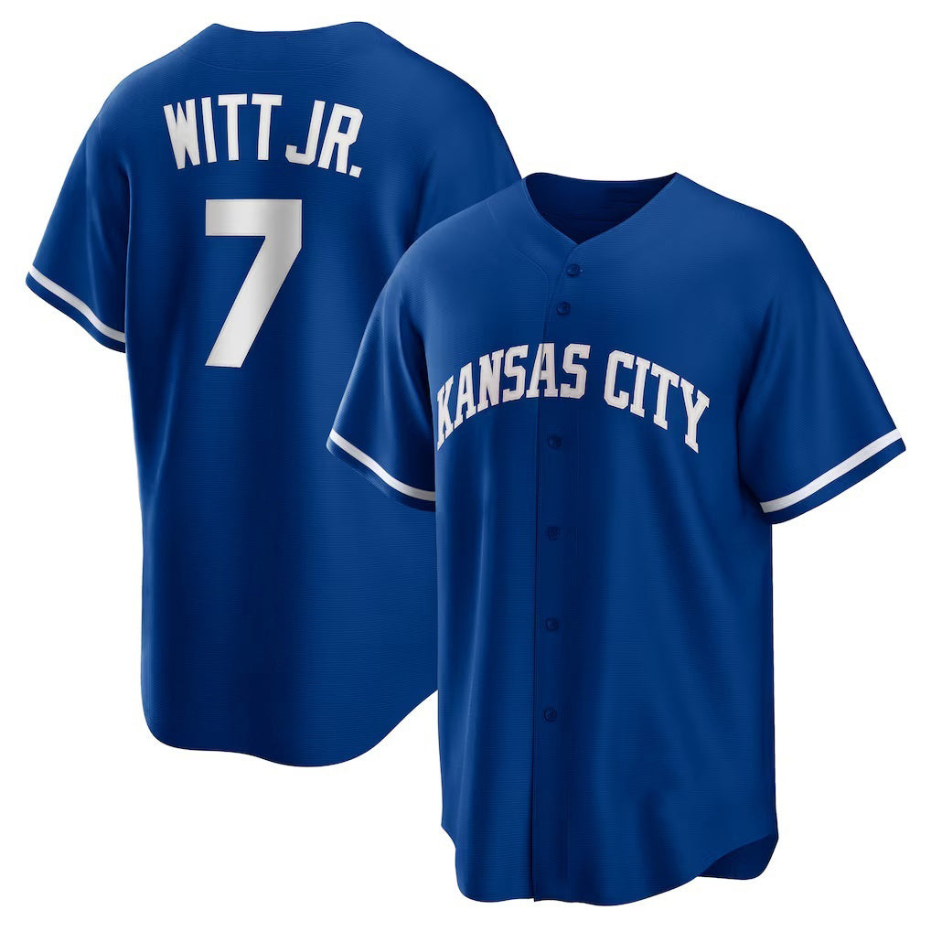 Kansas City Royals #7 Bobby Witt Jr. Rush Blue AmberGomez Alternate 2 Replica Jersey