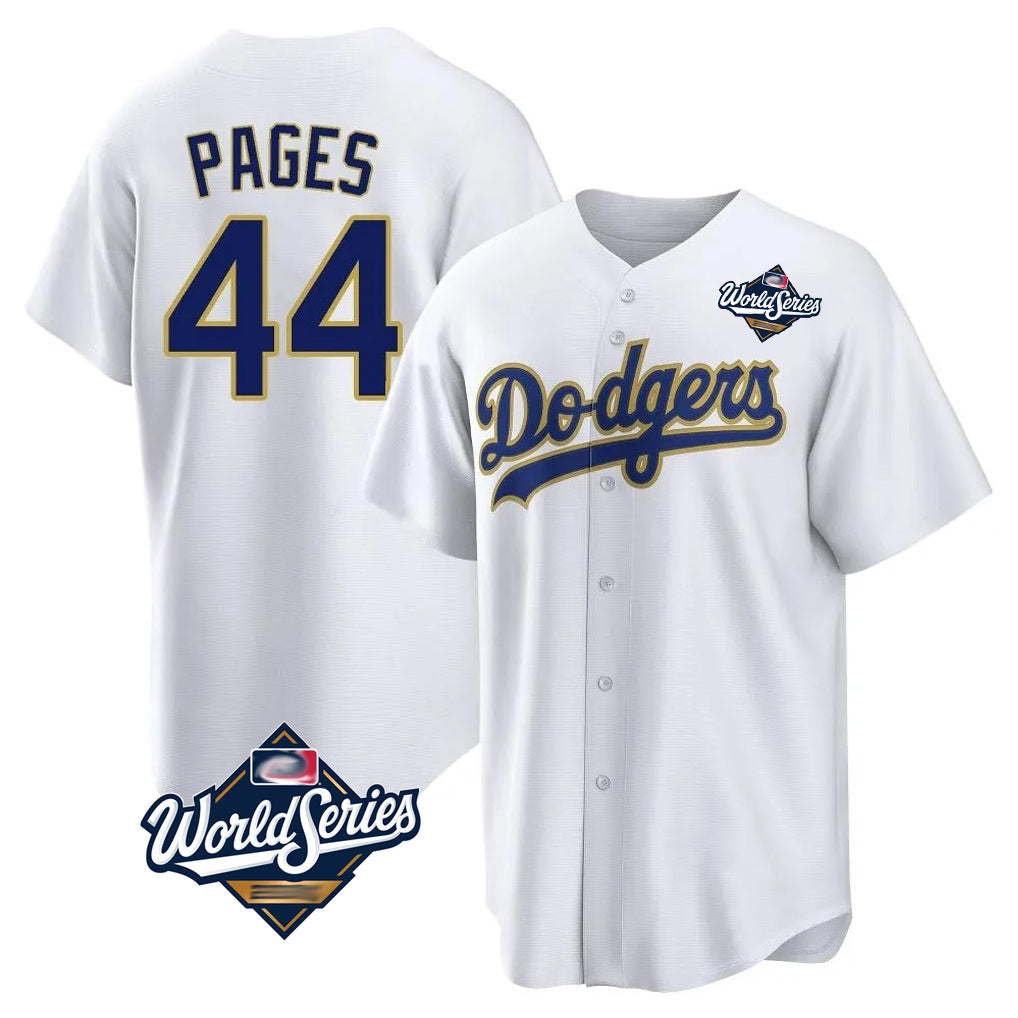 Los Angeles Dodgers #44 Andy Pages Player Gold White AmberGomez World Series 2026 Collection Stadium Game Stitched Jerseys