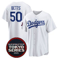 Los Angeles Dodgers #50 Mookie Betts White AmberGomez 2025 World Tour Tokyo Series Home Stitched Jersey