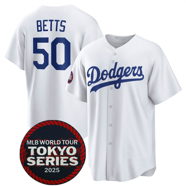 Los Angeles Dodgers #50 Mookie Betts White AmberGomez 2025 World Tour Tokyo Series Home Stitched Jersey