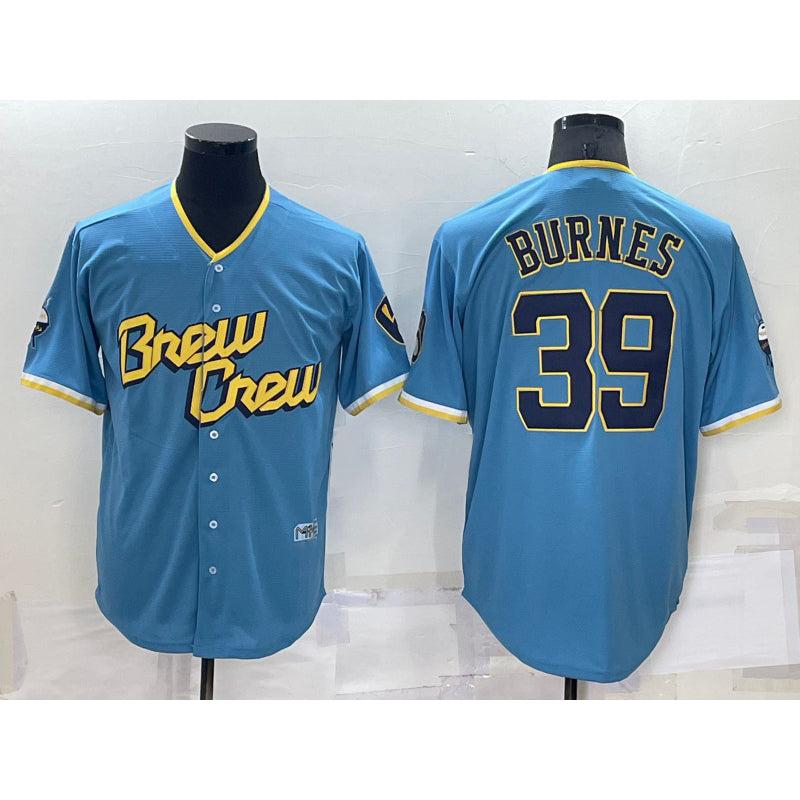 Milwaukee Brewers #39 Corbin Burnes Blue AmberGomez 2022 City Connect Cool Base Stitched Jersey