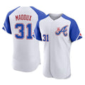 Atlanta Braves #31 Greg Maddux Player White AmberGomez City Connect Limited Elite Home Game Stitched Jerseys