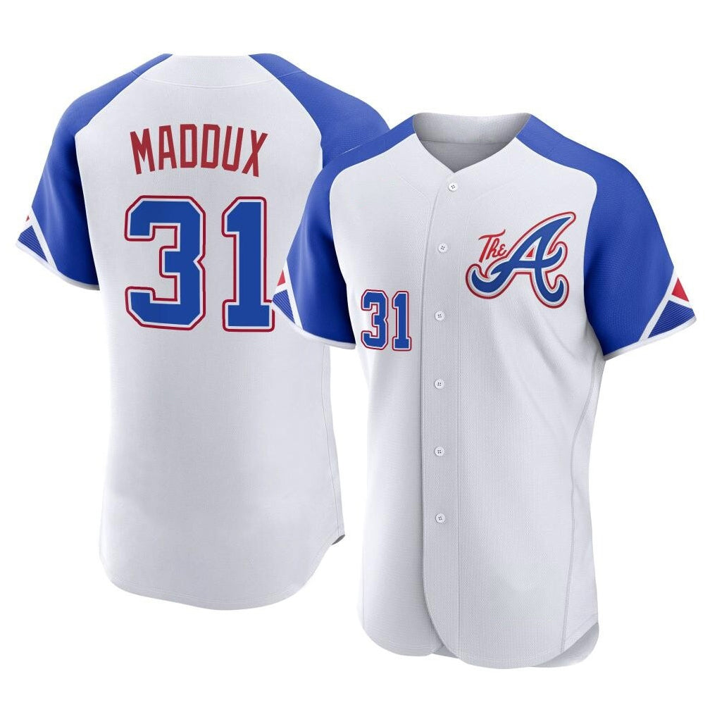 Atlanta Braves #31 Greg Maddux Player White AmberGomez City Connect Limited Elite Home Game Stitched Jerseys