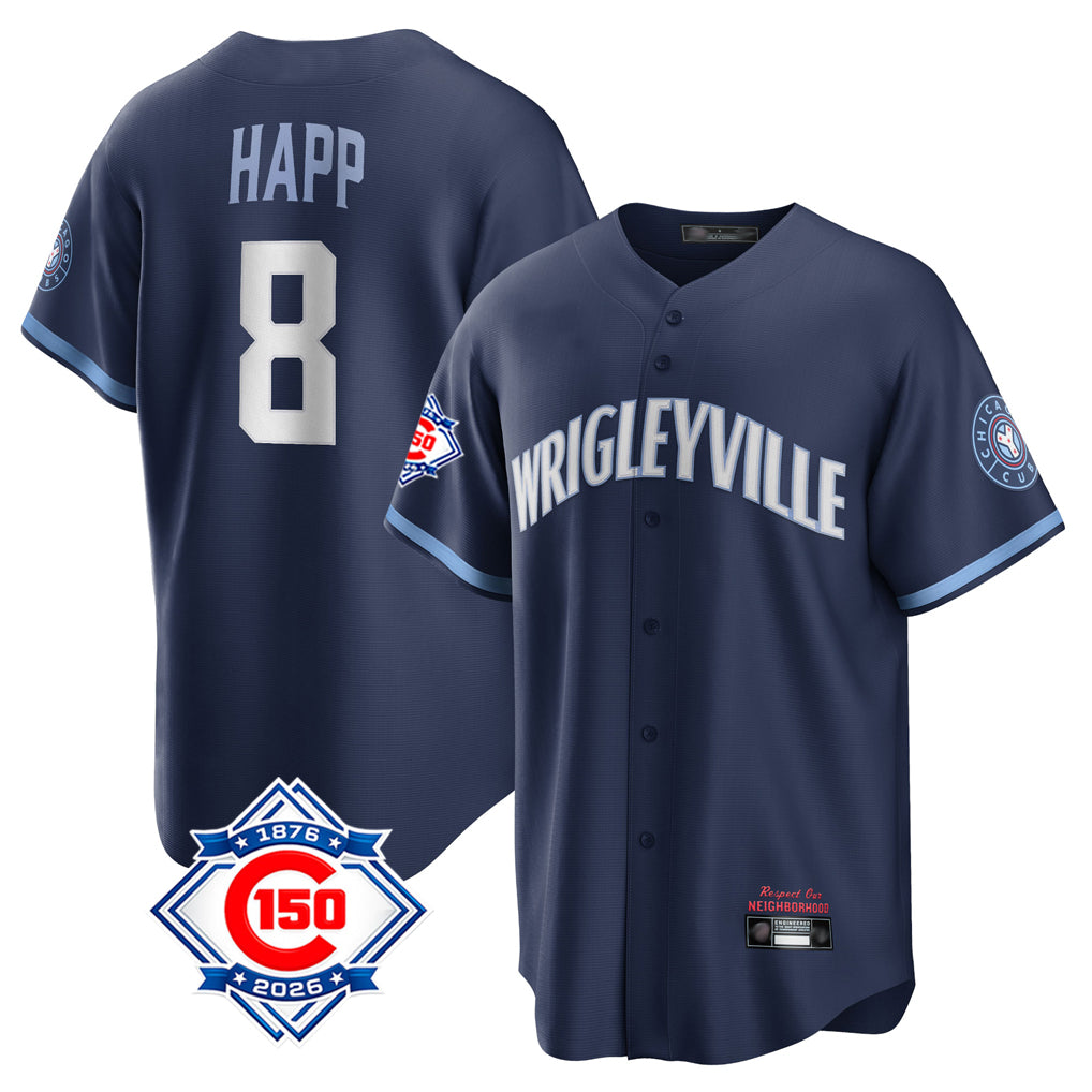 Chicago Cubs #8 Ian Happ Player Navy AmberGomez 150th Anniversary City Connect Home Game Stitched Jerseys