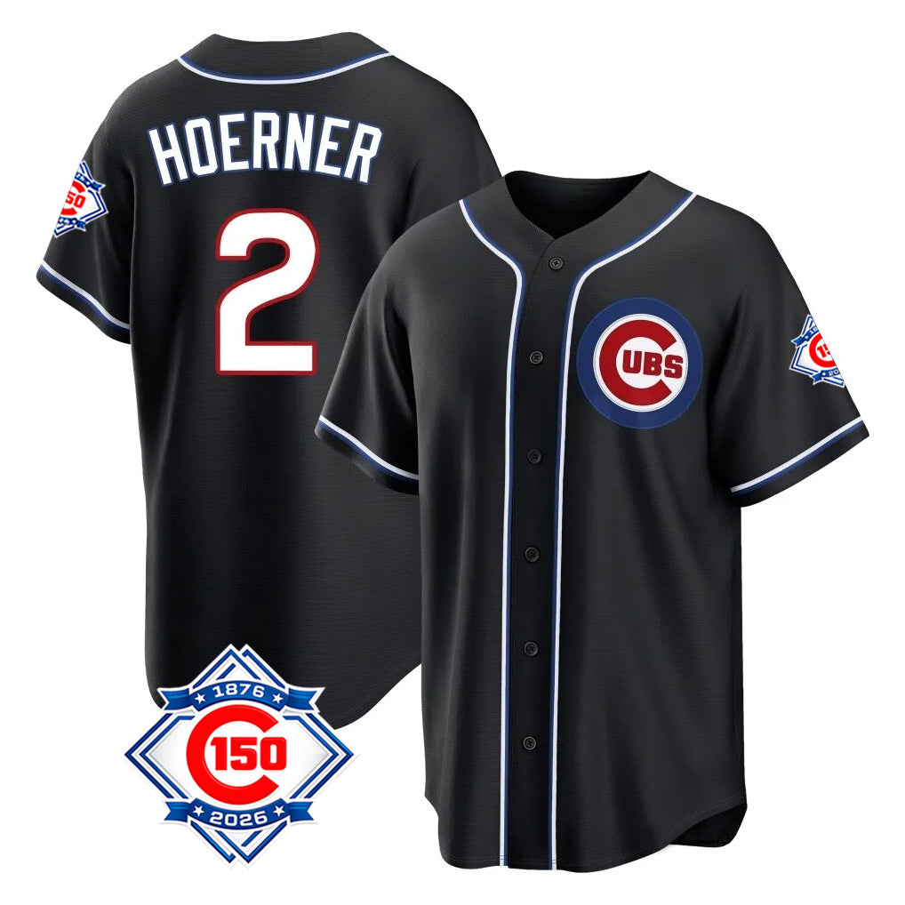Chicago Cubs #2 Nico Hoerner Player Black AmberGomez Fashion Out 150th Anniversary Game Stitched Jerseys