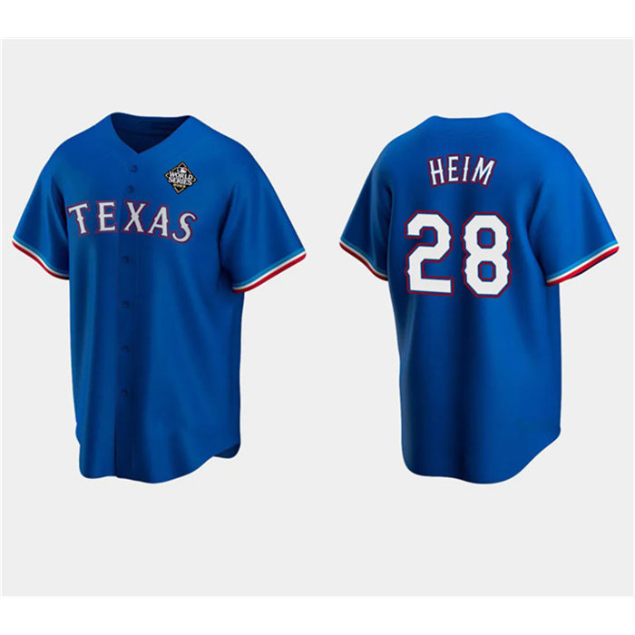 Texas Rangers #28 Jonah Heim Royal AmberGomez 2023 World Series Stitched Jersey