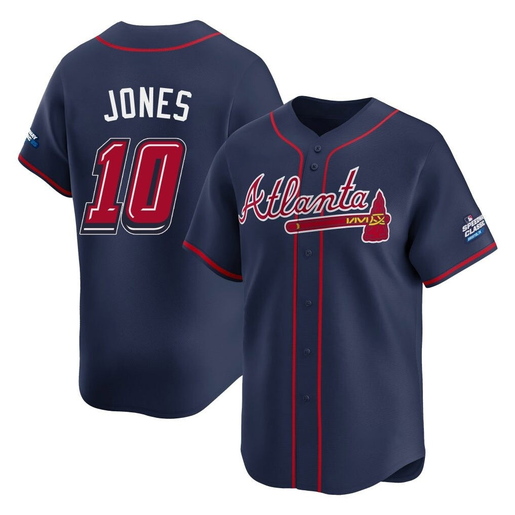 Atlanta Braves #10 Chipper Jones Player Navy AmberGomez 2025 Speedway Classic Home Game Stitched Jerseys