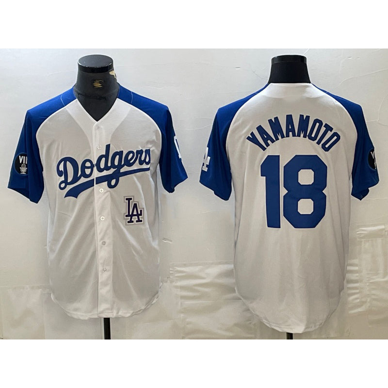 Los Angeles Dodgers #18 Yoshinobu Yamamoto White Blue AmberGomez Fashion Stitched Cool Base Limited Jersey 2