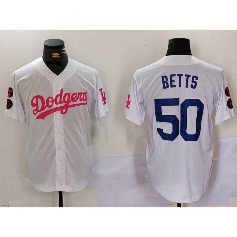 Los Angeles Dodgers #50 Mookie Betts White Pink AmberGomez Vin & Kobe Patch Stitched Jersey1