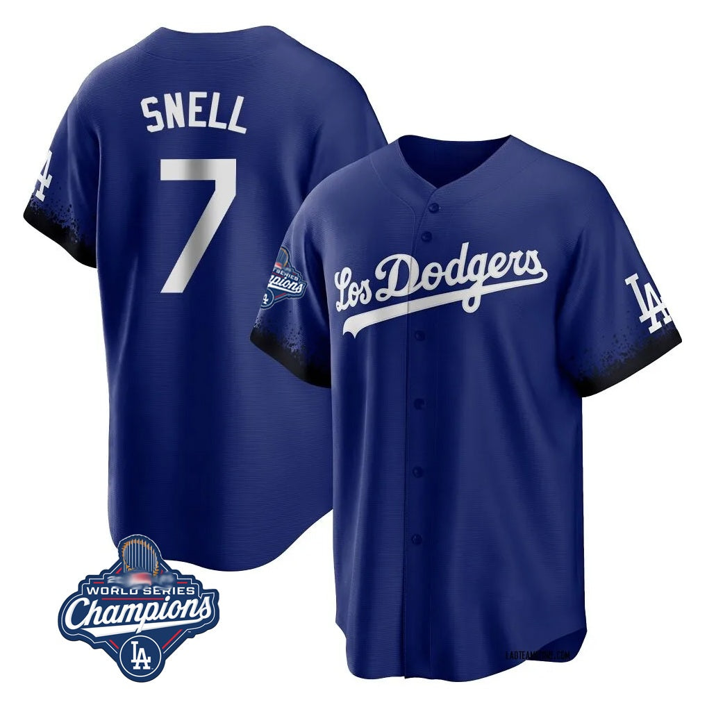 Los Angeles Dodgers #7 Blake Snell Player Royal AmberGomez City Connect Game World Series Meet Stitched Jerseys