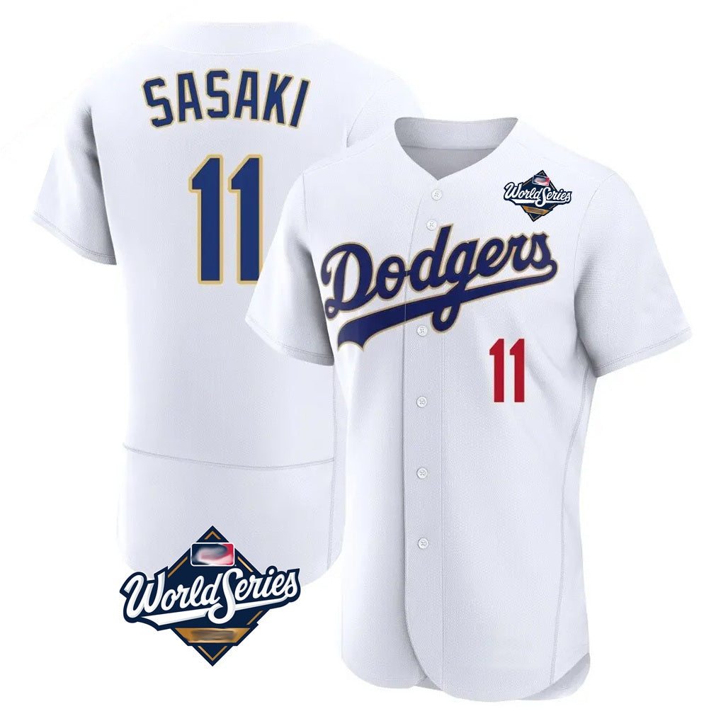 Los Angeles Dodgers #11 Roki Sasaki Player Gold White AmberGomez World Series 2026 Collection Stadium Limited Elite Stitched Jerseys