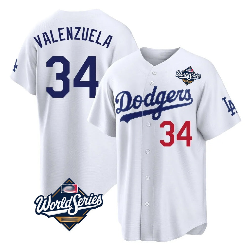 Los Angeles Dodgers #34 Fernando Valenzuela Player White AmberGomez World Series Home Game Stitched Jerseys
