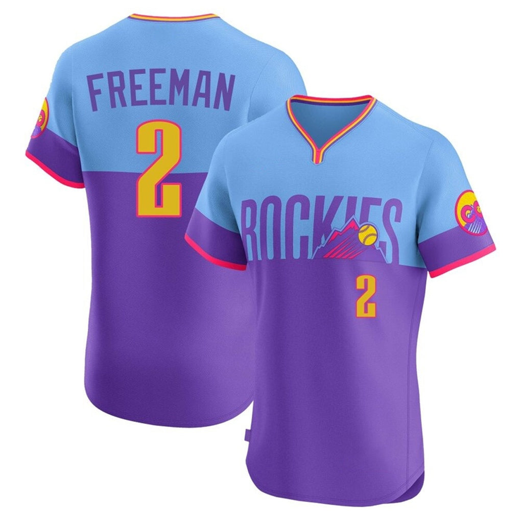 Colorado Rockies #2 Tyler Freeman Player Purple-Light Blue AmberGomez City Connect Limited Elite Home T-shirt Stitched Jerseys