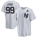 New York Yankees #99 Aaron Judge White AmberGomez 2024 World Series With Name Cool Base Stitched Jersey