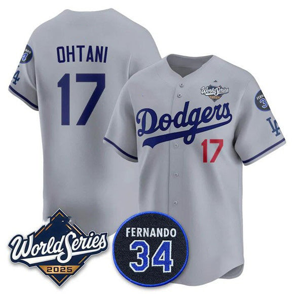 Los Angeles Dodgers #17 Shohei Ohtani Gray AmberGomez 2025 World Series With No. 34 Patch Limited Stitched Jersey