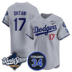 Los Angeles Dodgers #17 Shohei Ohtani Gray AmberGomez 2025 World Series With No. 34 Patch Limited Stitched Jersey