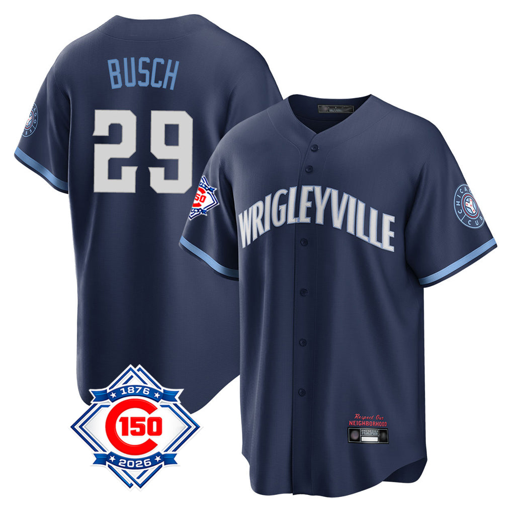 Chicago Cubs #29 Michael Busch Player Navy AmberGomez 150th Anniversary City Connect Home Game Stitched Jerseys
