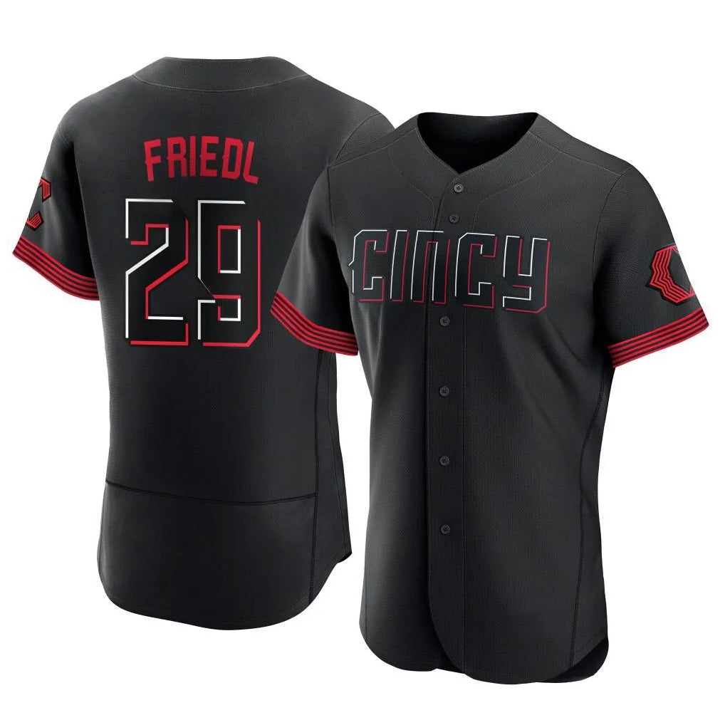 Cincinnati Reds #29 TJ Friedl Player Black AmberGomez City Connect Limited Elite Home Stitched Jerseys