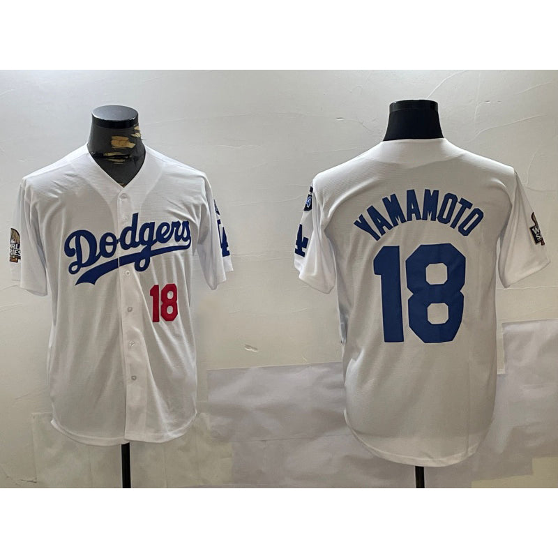 Los Angeles Dodgers #18 Yoshinobu Yamamoto White AmberGomez 2024 World Series With Fernando Memorial Patch Home Limited Stitched Jerseys
