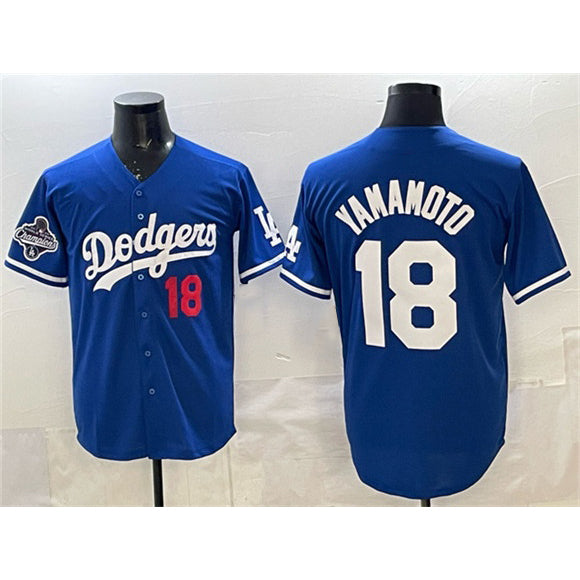Los Angeles Dodgers #18 Yoshinobu Yamamoto Royal AmberGomez 2025 World Series Champions Patch Limited Stitched Jersey