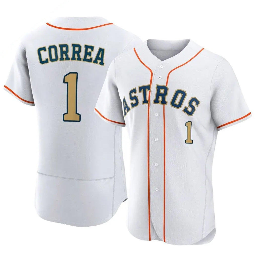 Houston Astros #1 Carlos Correa Player Gold AmberGomez Collection Limited Elite Home Stitched Jerseys