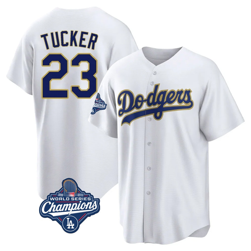 Los Angeles Dodgers #23 Kyle Tucker Player Gold White AmberGomez World Series Meet 2026 Collection Stadium Game Stitched Jerseys