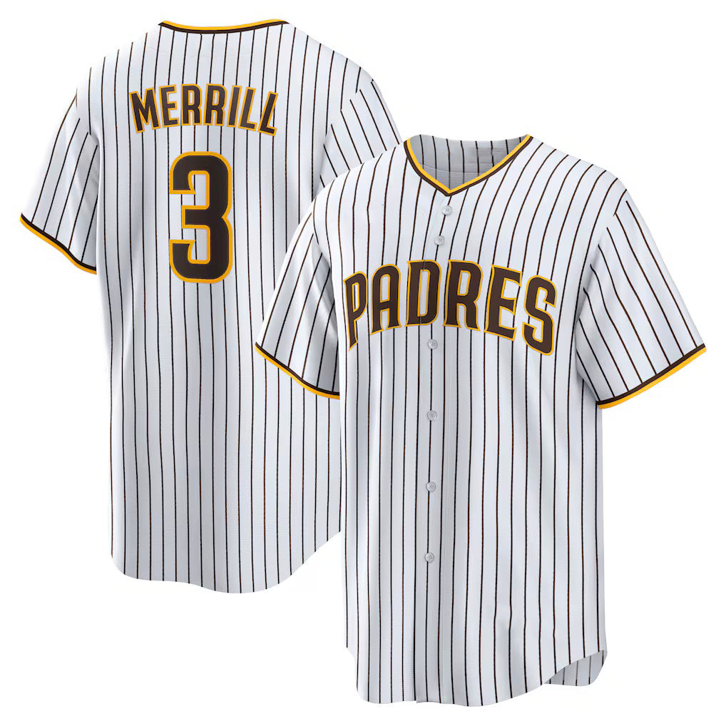 San Diego Padres #3 Jackson Merrill White AmberGomez Home Replica Jersey