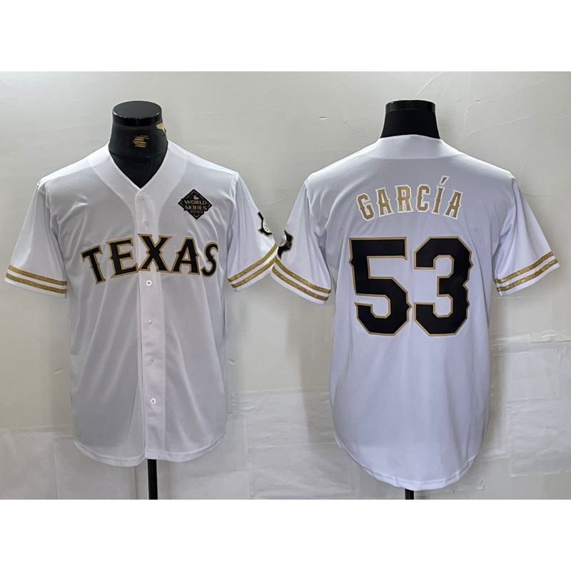 Texas Rangers #53 Adolis Garcia White Gold AmberGomez Cool Base Stitched Jersey