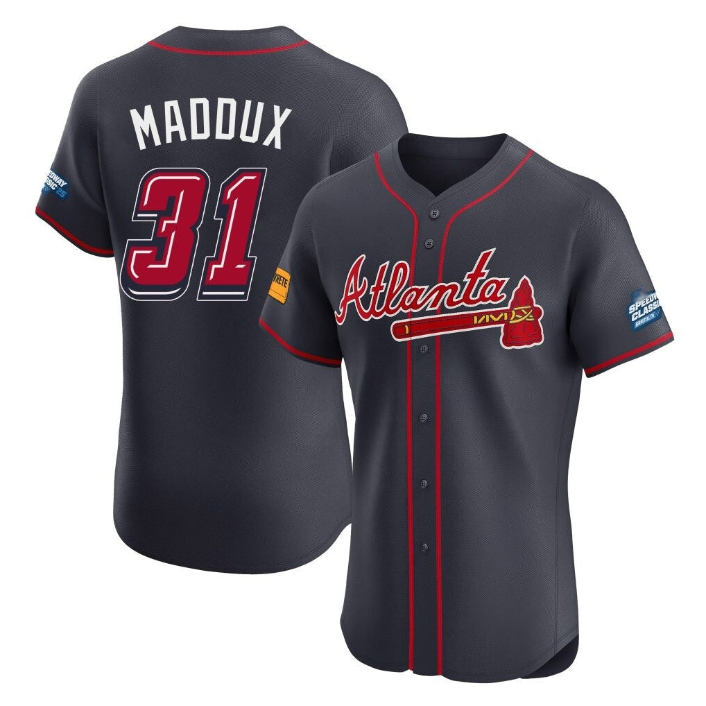 Atlanta Braves #31 Greg Maddux Player Navy AmberGomez 2025 Speedway Classic Limited Elite Home Game Stitched Jerseys