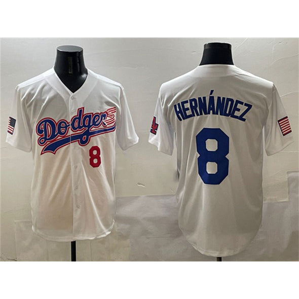 Los Angeles Dodgers #8 Enrique Hern¨¢ndez White AmberGomez With American Flag Patch Limited Stitched Jersey