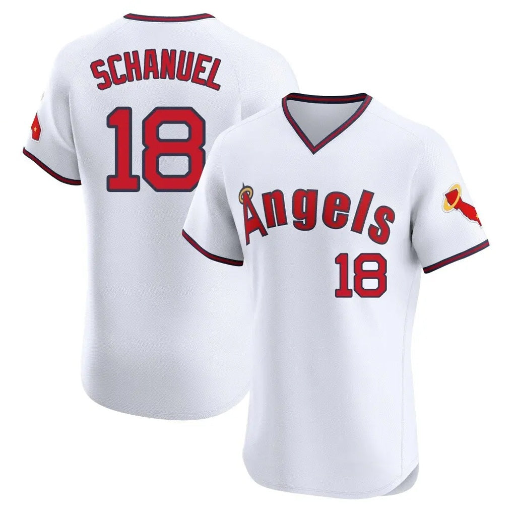 Los Angeles Angels #18 Nolan Schanuel Player White AmberGomez T-shirt Home Limited Elite Stitched Jerseys