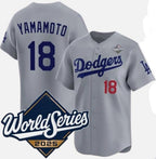 Los Angeles Dodgers #18 Yoshinobu Yamamoto Gray AmberGomez 2025 World Series Limited Stitched Jersey