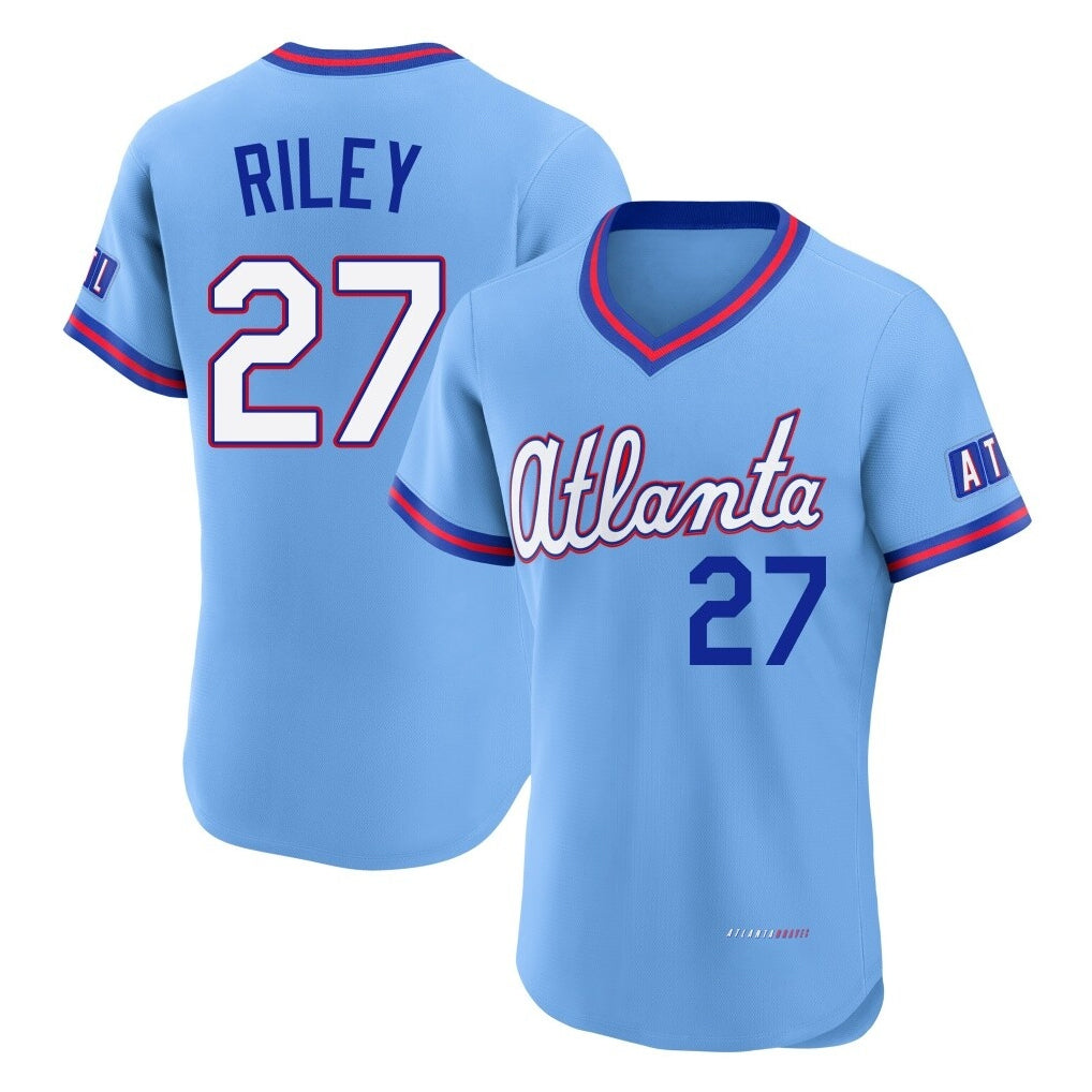 Atlanta Braves #27 Austin Riley Player Powder Blue AmberGomez 2026 City Connect T-shirt Limited Elite Home Game Stitched Jerseys