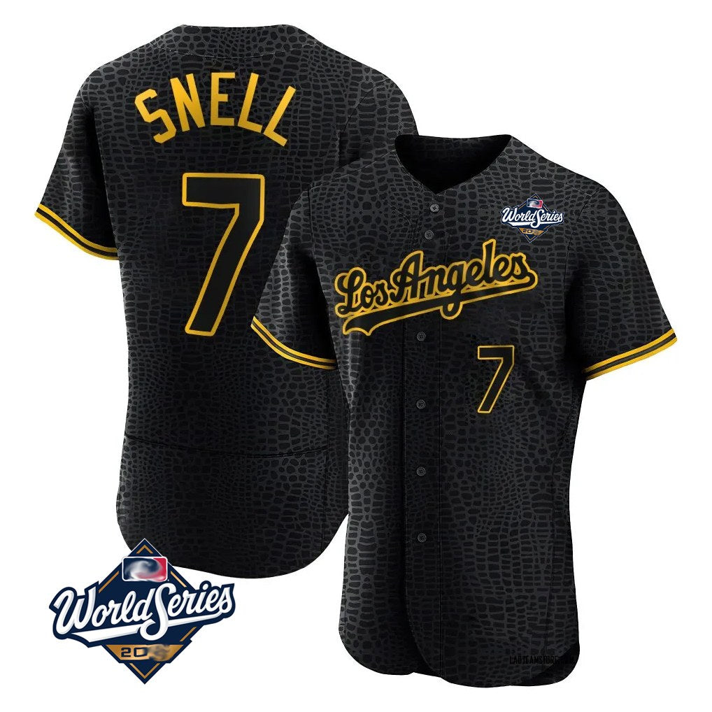 Los Angeles Dodgers #7 Blake Snell Player Black AmberGomez Snake Skin City Limited Elite World Series Home Stitched Jerseys