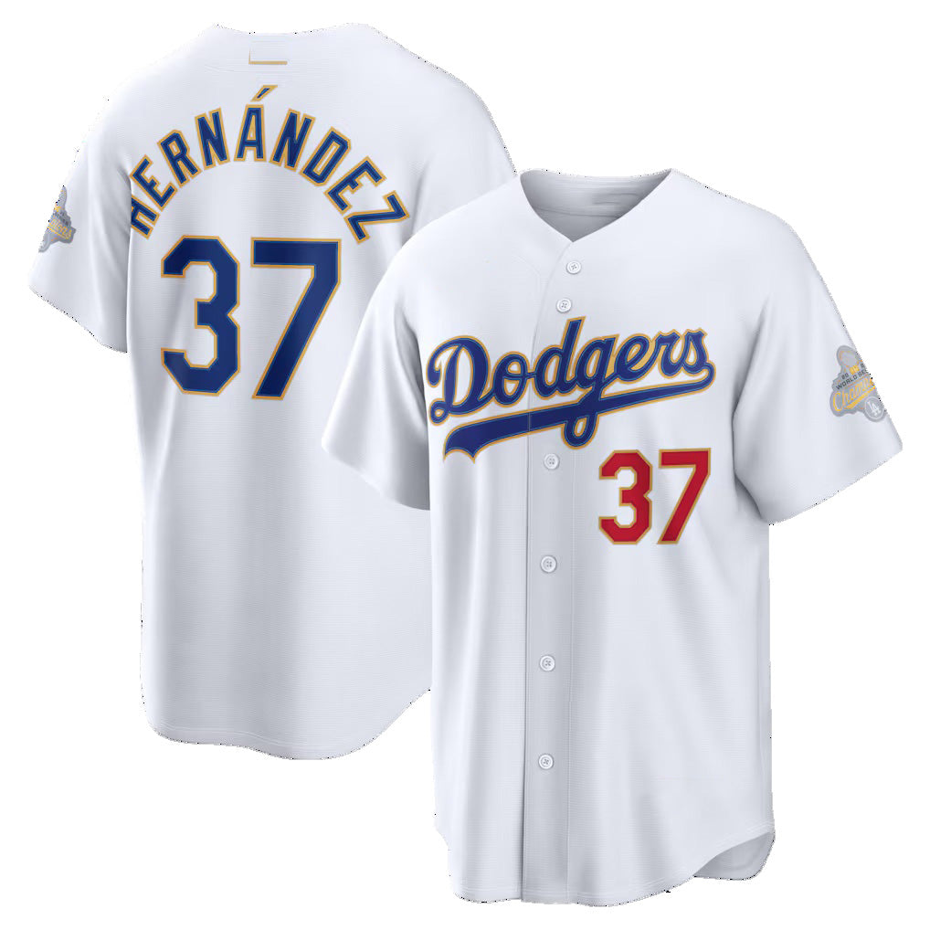 Los Angeles Dodgers #37 Teoscar Hern¨¢ndez White AmberGomez 2026 Gold Collection Stadium Jersey