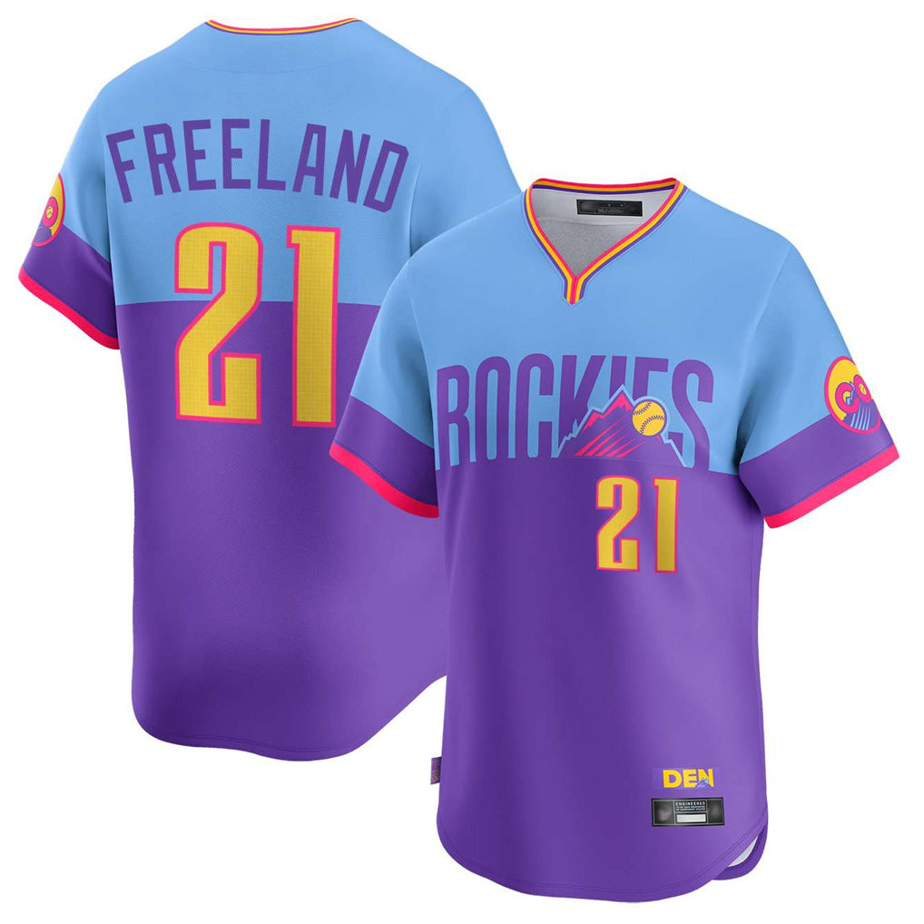 Colorado Rockies #21 Kyle Freeland Player Purple-Light Blue AmberGomez City Connect Limited Home T-shirt Stitched Jerseys