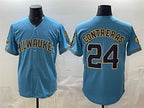 Milwaukee Brewers #24 William Contreras Blue AmberGomez With Home & Bob Uecker Patch Stitched Jersey