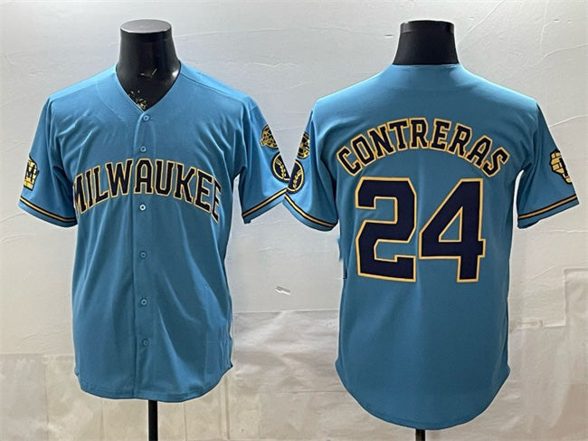 Milwaukee Brewers #24 William Contreras Blue AmberGomez With Home & Bob Uecker Patch Stitched Jersey