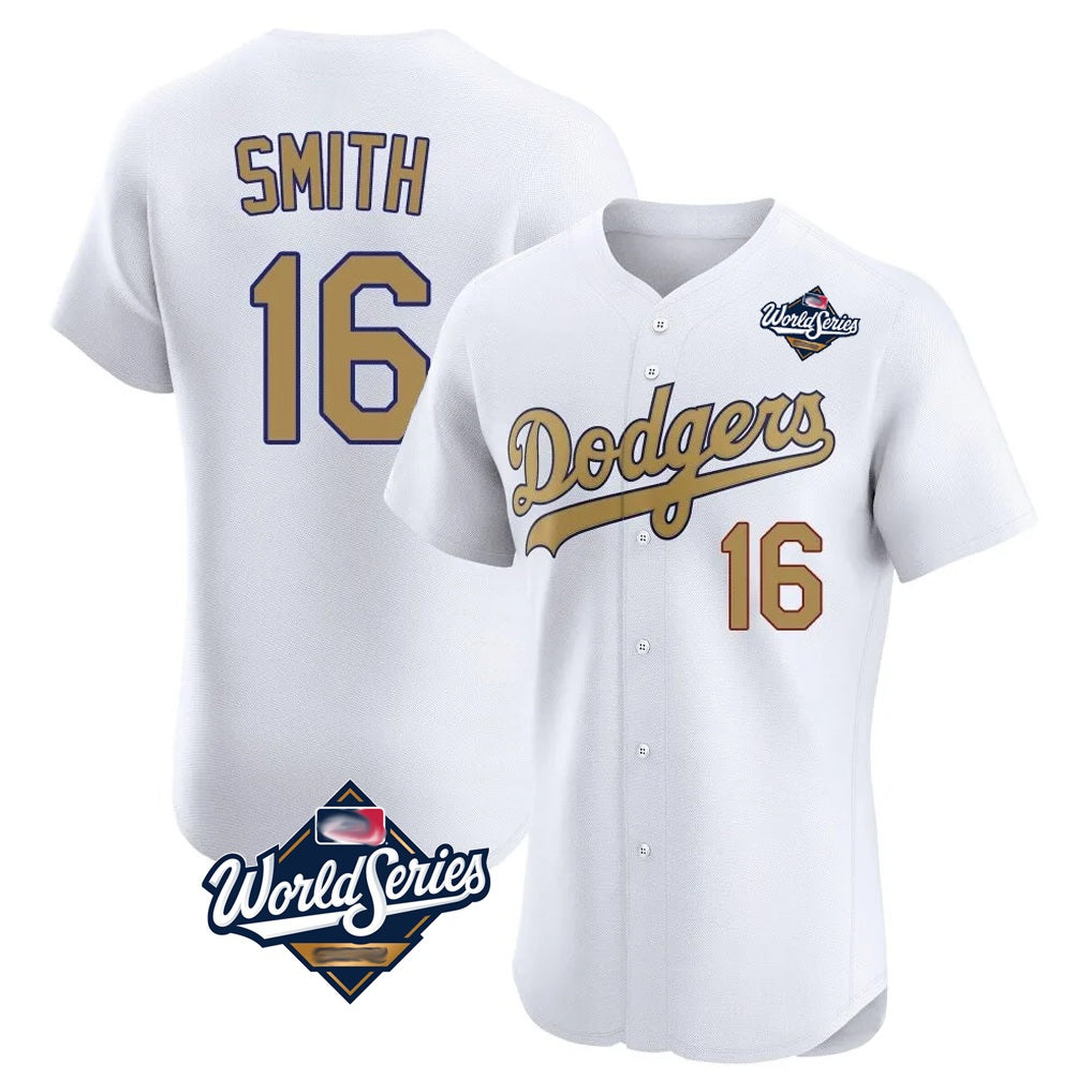 Los Angeles Dodgers #16 Will Smith Player Gold World White Gold AmberGomez Series Limited Elite Home Stitched Jerseys