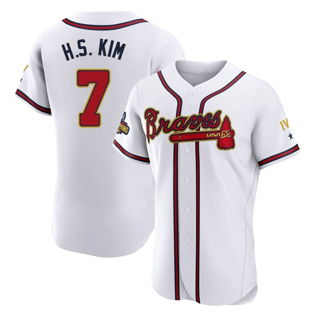 Atlanta Braves #7 Ha-Seong Kim Player White Gold AmberGomez Limited Elite Home Game Stitched Jerseys