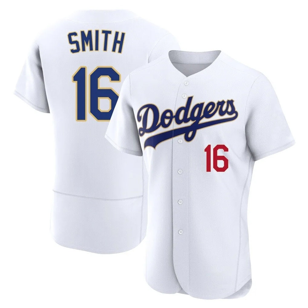 Los Angeles Dodgers #16 Will Smith Player Gold White AmberGomez 2026 Collection Stadium Limited Elite Stitched Jerseys